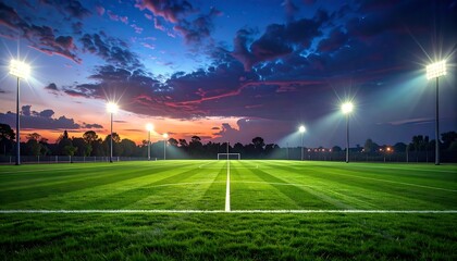 Scenic soccer field illuminated by stadium lights at dusk, showcasing the beauty of sports