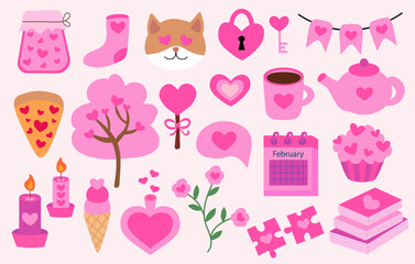 Valentine Day elements. Tree, ice cream, poison bottle, calendar, puzzle, sock, lock, key, Cat head, flag, lollipop, pizza, candle, book, flower, Coffee Cup. Vector flat illustration.