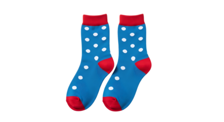 Blue socks with white polka dots and red trim