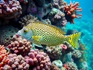 Spotted fish swimming among vibrant coral reef, colorful fish, reef fish