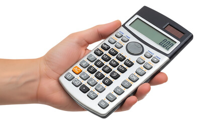 Hand holding a scientific calculator