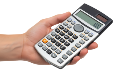 Hand holding a scientific calculator