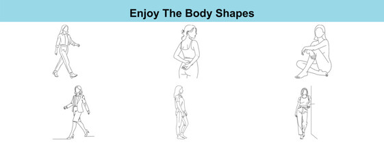 Black and white illustrations of various body shapes in different poses