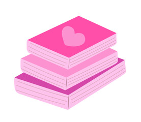 Stack of pink books with heart on white background. Vector flat illustration. Valentine day.