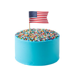 Patriotic blue cake with American flag and colorful sprinkles