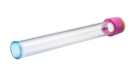 An empty test tube with a pink and yellow cap and a blue rim lies on a black background on transparent background