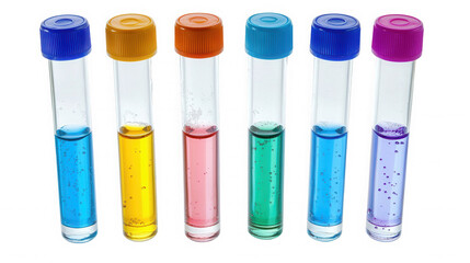 A row of six test tubes filled with different colored liquids and capped with colored lids on black on transparent background