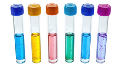 A row of six test tubes filled with different colored liquids and capped with colored lids on black on transparent background
