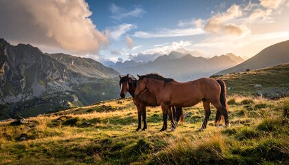 Two brown horses standing in a sunlit mountain meadow