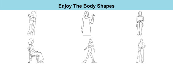 Black and white line art illustrations of people in various body shapes and poses