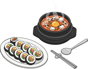 Korean Kimbap and Spicy Jjigae Soup Set in Stone Pot, Isometric Illustration