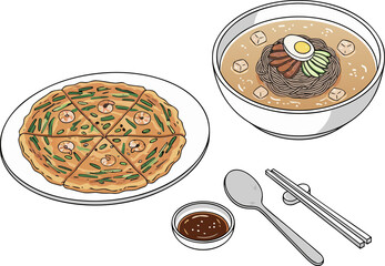 Korean Pajeon Pancake and Naengmyeon Cold Noodles Set, Isometric Illustration