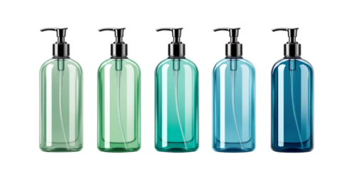 Shampoo bottle collection with pump dispensers in various shades of green and blue on a white background