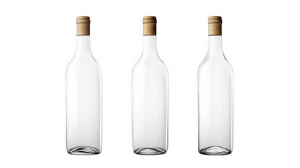 Three clear glass bottles with cork stoppers arranged in a row against a black background studio shot on transparent background