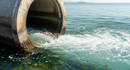 Untreated wastewater flows from concrete pipe into sea showing an urgent need for water purification technologies and creating scene of serious environmental pollution