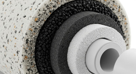 Water filter cartridge cross section reveals its internal structure. This cutaway view shows advanced filtration technologies for effective water purification providing safe clean drinking water