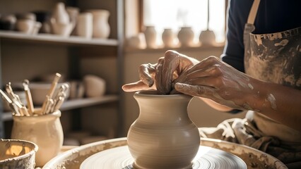 Skilled hands of a potter shaping wet clay on a spinning wheel in a sunlit studio environment