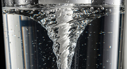 Dynamic clean water vortex and swirl inside clear glass. This powerful motion of fresh liquid demonstrates modern purification technology for revitalizing effect