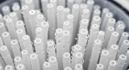 Close up hollow fiber membrane filter core component of modern water purification technologies. This macro view reveals intricate system for creating clean and safe drinking water