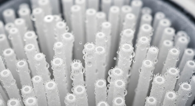 Close up hollow fiber membrane filter core component of modern water purification technologies. This macro view reveals intricate system for creating clean and safe drinking water