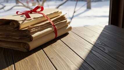 Stack of old papers tied with a red ribbon on a wooden table by a window.