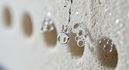 Macro view of water purification technologies showing clear liquid flowing through porous foam filter membrane for absorption creating clean feeling of purity and innovation