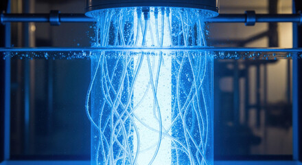 Advanced water purification technologies featuring glowing blue core. This powerful science equipment demonstrates new energy and filtration methods inside futuristic laboratory