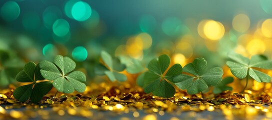 Obraz premium A close up view of vibrant green clover with sparkling gold glitter background
