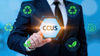 Business professional interacting with CCUS technology interface featuring sustainability icons