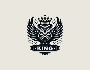 Wise owl king character wearing royal authority is designed as a bold black vector logo illustration