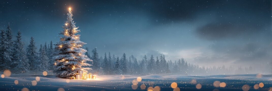 Fototapeta winter christmas panoramic landscape snow night forest village lights cinematic ultra wide snowy night panorama with