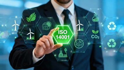 Business professional interacting with ISO 14001 environmental management system icons on a digital interface