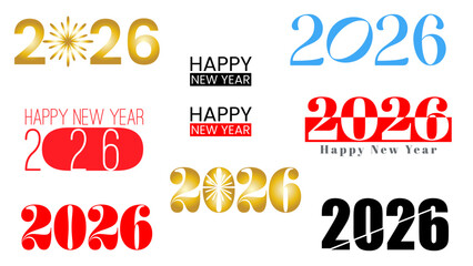 set of number 2026 and Happy New Year designs for new year greeting card banners or posters, vector illustration on transparent background 