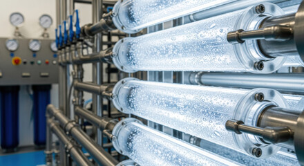 Advanced water purification technologies using ultraviolet light for sterilization. An industrial system showing hopeful future for clean liquid treatment and modern sanitation equipment