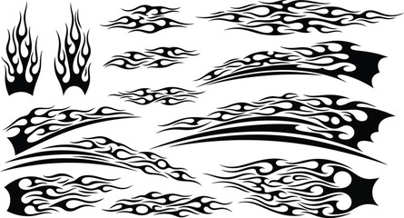 Flame decal. Fire abstract black silhouette flames for race car or tattoo. Tribal flame hotrod car vinyl decals and motorcycle airbrush stencil. Burning element vector © CreatAr8