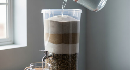 Hopeful homemade science experiment showing water purification technologies. clean filter system providing pure drink through layered sand and gravel setup