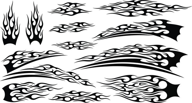 Flame decal. Fire abstract black silhouette flames for race car or tattoo. Tribal flame hotrod car vinyl decals and motorcycle airbrush stencil. Burning element vector