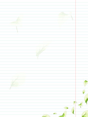 A minimalist background featuring a sheet of lined paper with delicate green leaves in vector style