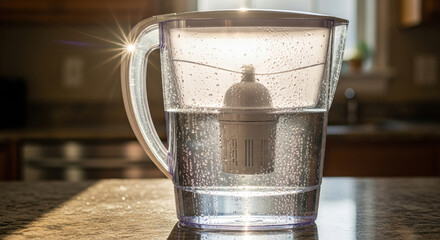 Water filter pitcher on sunlit kitchen counter representing modern purification technologies. clean fresh water offers feeling of healthy refreshment and serenity