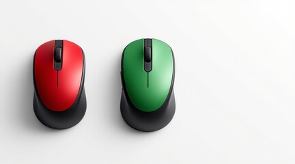 Two wireless computer mice, one red and one green, isolated on white background
