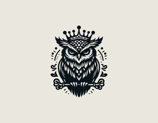 Fototapeta premium Wise owl king character wearing royal authority is designed as a bold black vector logo illustration