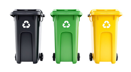 Recycling bin set black green yellow with white recycling symbol on transparent background