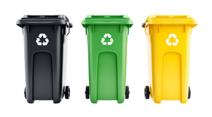 Recycling bin set black green yellow with white recycling symbol on transparent background