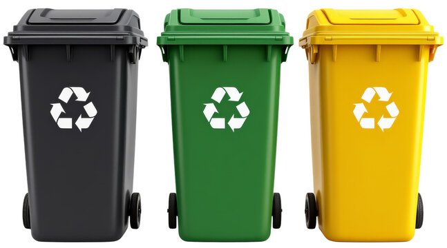 Recycling bins in black, green, and yellow with white recycling symbols isolated on white background