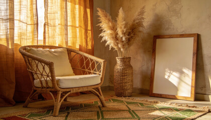 Boho Cozy Living Room Background with Blank Artwork Frame