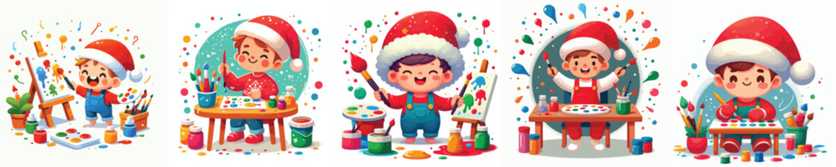 little boy wearing santa hat while painting. Vector, minimalist, illustration, icon set.