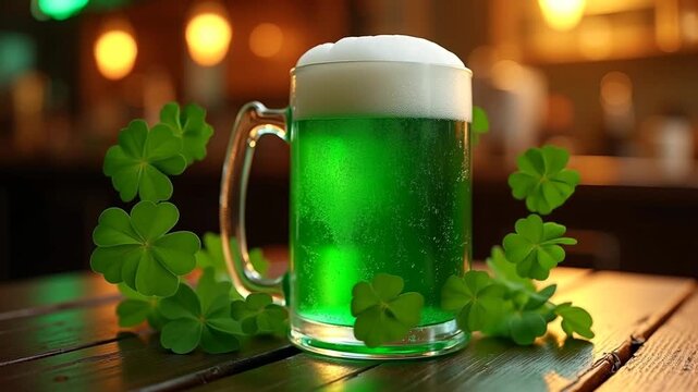 A mug of green beer with animated shamrocks floating around for St. Patrick's Day celebration