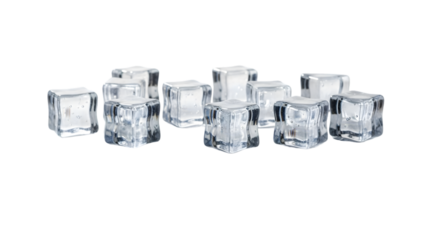 Collection of realistic ice cubes in various shapes isolated on transparent background