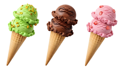 Three colorful ice cream cones stacked high isolated on transparent background