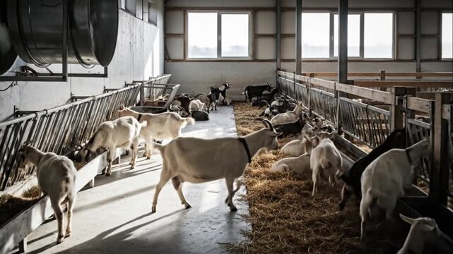 Goats grazing in a clean barn with abundant straw and natural light flooding in through windows